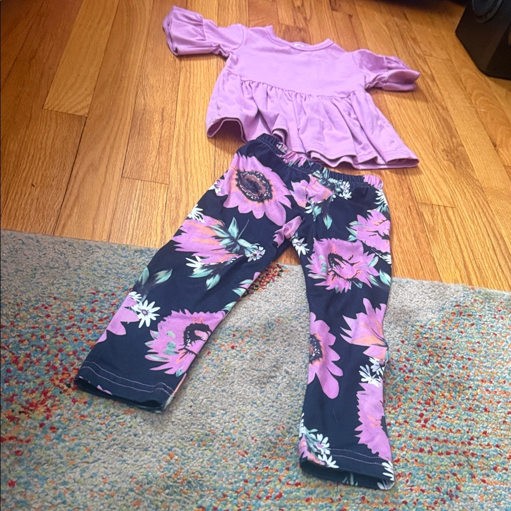 2T Little Girls Top and pants set size 2t Purple Top and Floral Pants Set